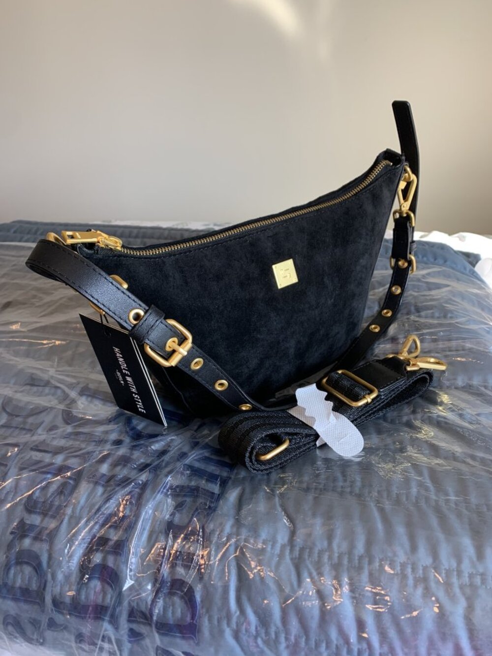 Think Royln Moonbeam Black Suede and Leather Crossbody Shoulder Bag NWT